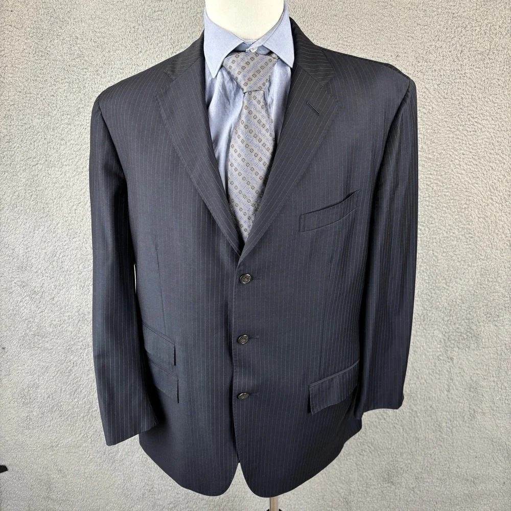 Vtg Polo Ralph Lauren 44R Blazer Navy Pinstripe 3‎ Button Wool Jacket Made Italy
